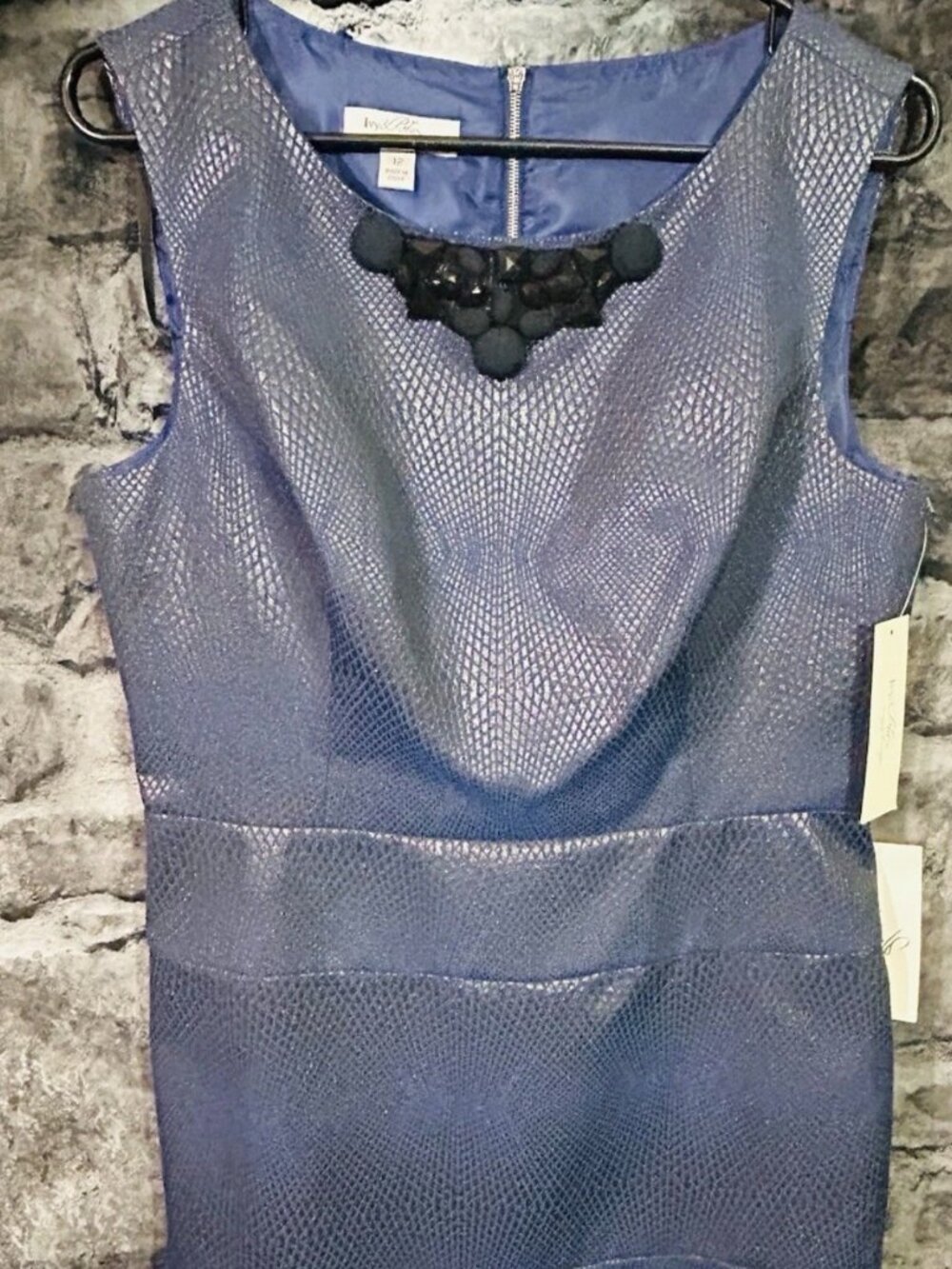 Ivy & Blu Navy Textured Sheath Dress Size 12 NWT Pom Pom Neckline